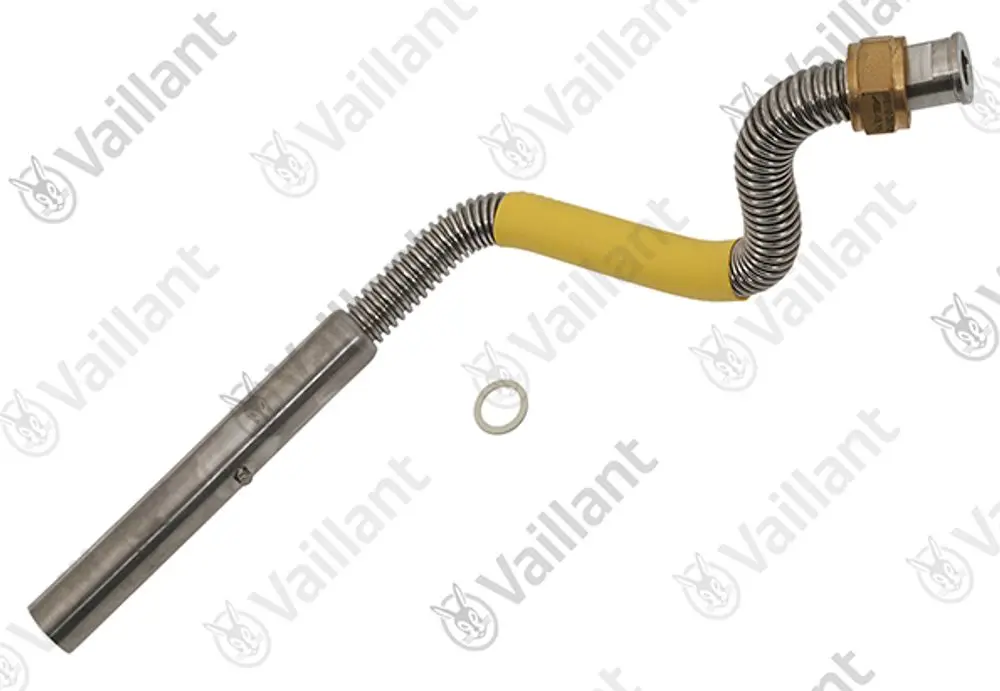 Gasrohr von Vaillant mit gebogenem Metallrohr, einer gelben Kunststoffummantelung und einer anschlussfertigen Verbindung.